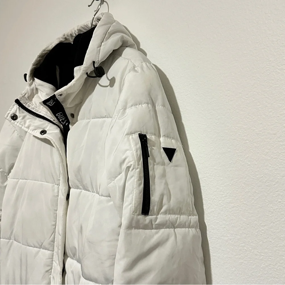 Guess White Black Longline Hooded Zip Button Puffer Jacket / Coat Size XL